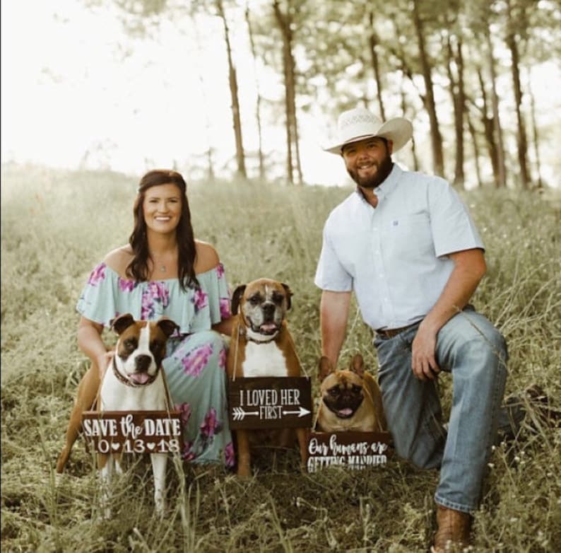 Free Shipping,Our Humans Are Getting Married Wood Signs,Pet Save the Date Sign,I loved her first,Dog Neck Ware, Save the Date Photo Prop image 2