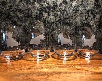 Free Shipping! Set of 2 or 4 Scottish Terrier Wine Glasses,Custom Etched Stemless Wine Glass,Dog Barware,Scottish Terrier Barware,Dog Lover