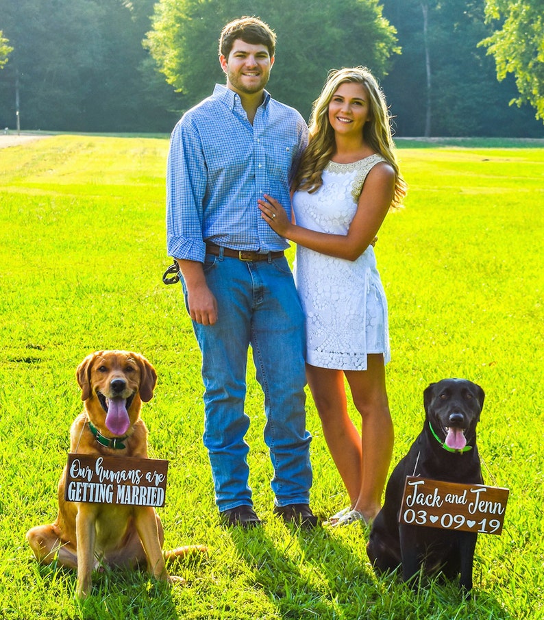 Free Shipping,Our Humans Are Getting Married Wood Signs,Pet Save the Date Sign,I loved her first,Dog Neck Ware, Save the Date Photo Prop image 3