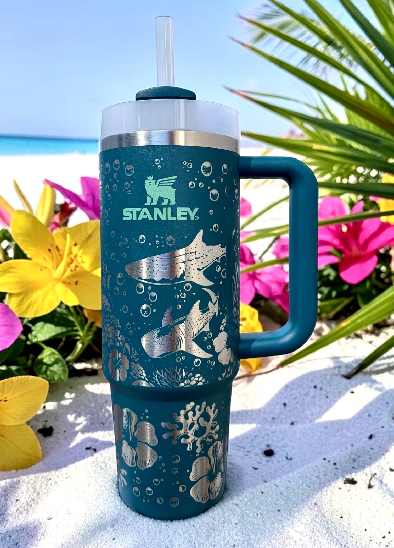 Engraved Whale Shark Stanley Tumbler: Ocean Scene Hibiscus, 30/40