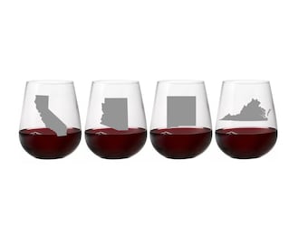 Etched Home State Stemless Wine Glasses: USA Barware, Set of 2 or 4