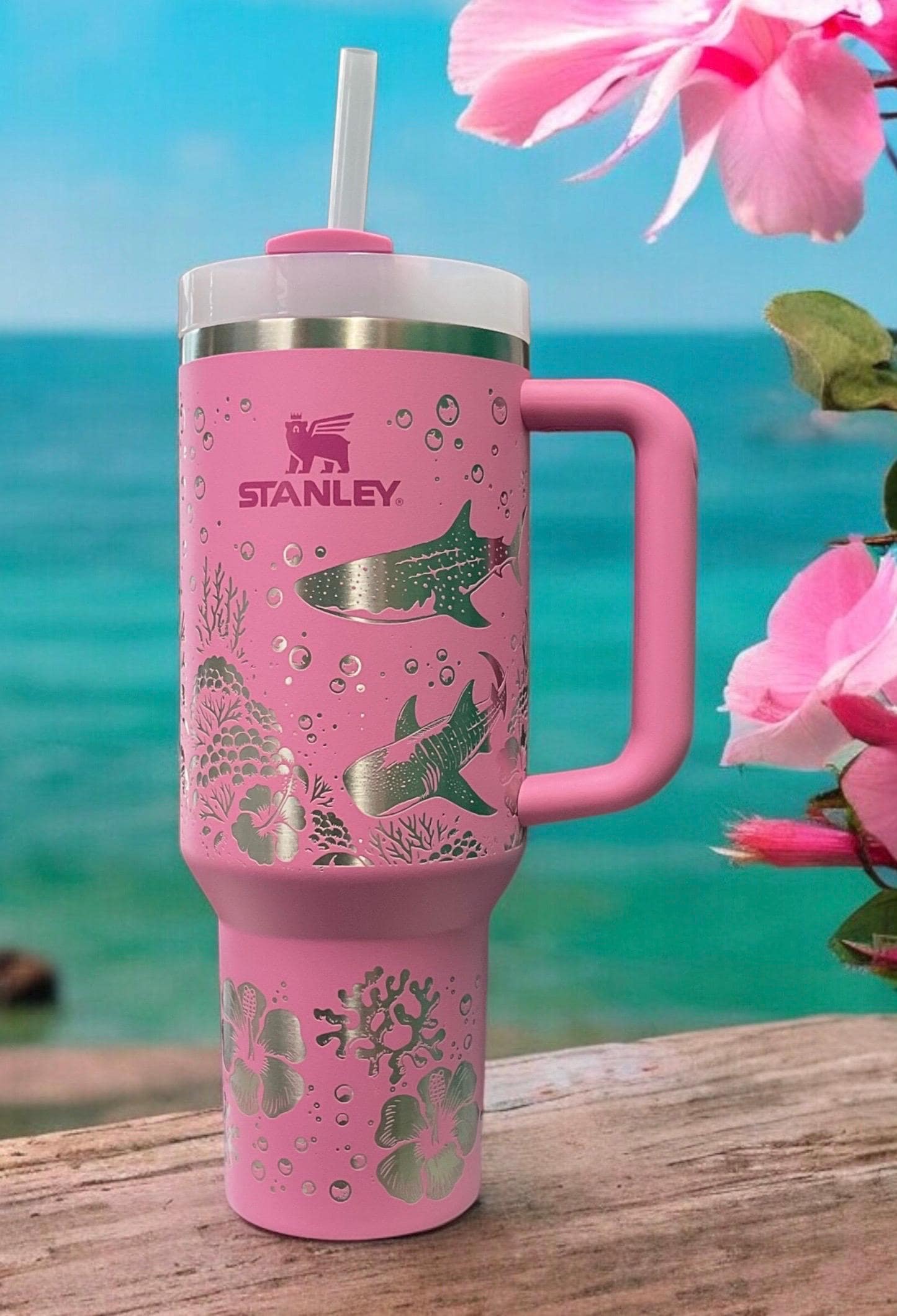Engraved Whale Shark Stanley Tumbler: Ocean Scene Hibiscus, 30/40