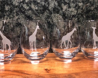 Copas de vino con jirafa grabada - Artículos de bar de safari, regalo para amantes de las jirafas