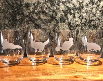 Free Shipping! Set of 2 or 4 Stemless Etched Wine Glasses,Cat Wine Glasses,Himalayan Cat Glasses, Etched Cat Glasses,Cat Barware,Cats