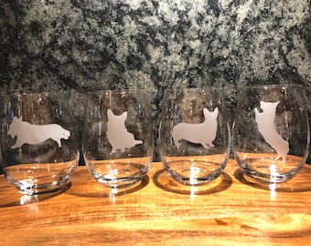 Free Shipping! Set of 2 or 4 Corgi Wine Glasses,Etched Dog Wine Glasses,Custom Etched Welsh Corgi Barware,Etched Welsh Corgis,Dog Lover Gift