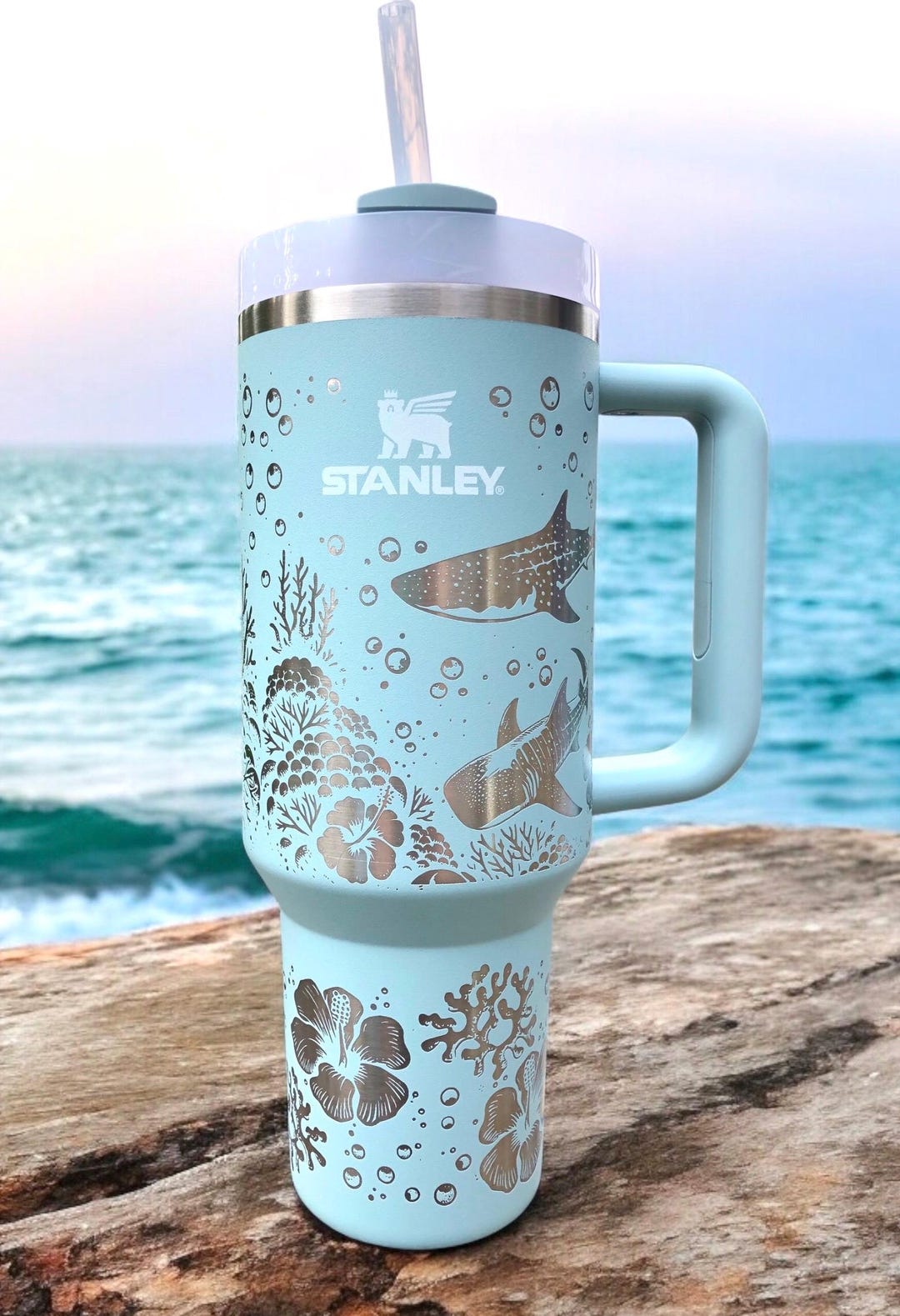 Engraved Whale Shark Stanley Tumbler: Ocean Scene Hibiscus, 30/40