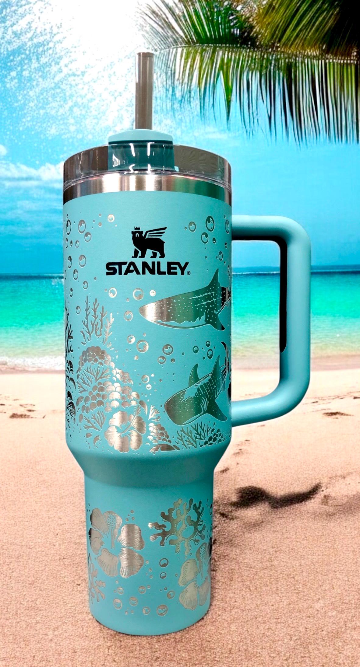 Engraved Whale Shark Stanley Tumbler: Ocean Scene Hibiscus, 30/40