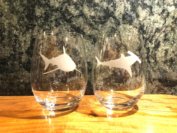 Etched Shark Wine Glasses: Nautical Stemless Barware, Set of 2 or 4