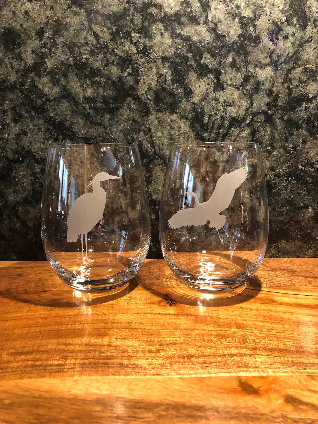 Free Shipping Set of 2 or 4,etched Heron Wine Glasses,bird Enthusiast
