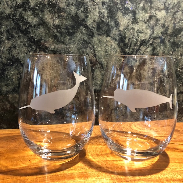 Free Shipping! Set of 2 or 4 Narwhal Wine Glasses,Nautical Wine Glasses,Custom Etched Narwhal Wine Glasses,Whale Wine Glasses,Whale Glasses