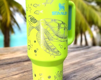 Ocean Scene Engraved Sea Turtle Tumbler, Sea Turtle and Octopus 40 Oz Engraved Tumbler, Beach Tumbler, 40 oz Quencher 2.0 Flow State Tumbler
