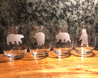 Free Shipping!,Set of 2 or 4 Bear Wine Glasses, Etched Bear Glass,Bear Lovers,Bear Barware,Bear Lover Gift,Etched Bear Wine Glasses,Bears