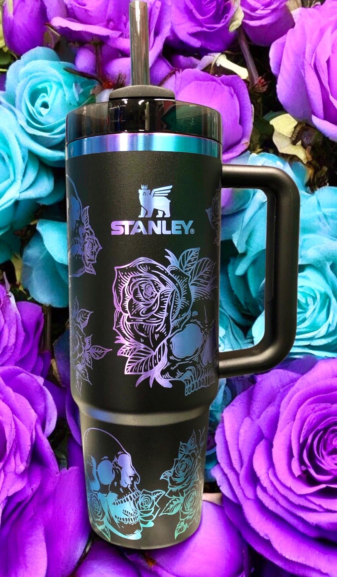 Engraved Chroma Skull & Roses Stanley Tumbler: Rainbow Halloween