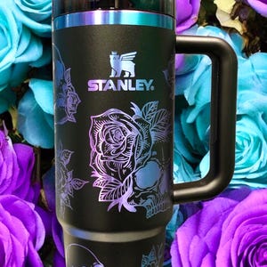 Engraved Chroma Skull & Roses Stanley Tumbler: Rainbow Halloween Floral Skull