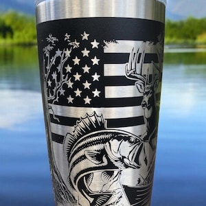 Fish and Hunt American Flag Yeti Tumbler,Gift for Dad,Bass Fishing 20 oz Tumbler,Hunter Gift idea,Fish Gift for Grandpa,Engraved Hunter Gift