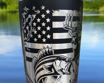 Fish and Hunt American Flag Yeti Tumbler,Gift for Dad,Bass Fishing 20 oz Tumbler,Hunter Gift idea,Fish Gift for Grandpa,Engraved Hunter Gift