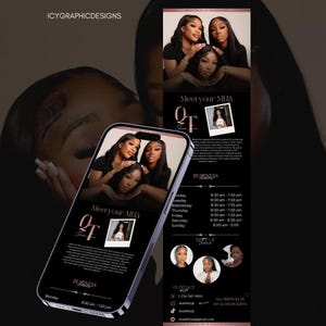 Peut inclure: L'écran d'un téléphone portable noir et blanc affiche une publicité pour une maquilleuse. La publicité présente une photo de trois femmes aux cheveux longs et foncés avec le texte "Rencontrez votre maquilleuse" et "Horaires d'ouverture". La publicité comprend également un numéro de téléphone, des poignées de médias sociaux et le texte "Tous les services dans mes faits saillants IG".