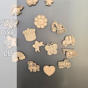 Arquivos cortados a laser para ímãs de geladeira de madeira SVG DXF AI Lightburn File para artesanato diy, veículos de animais fofos e gravura em formas de arco-íris