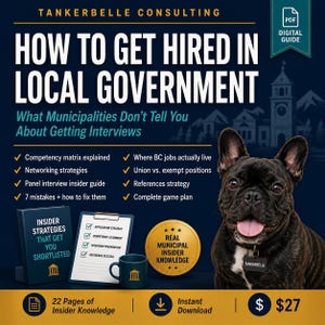 Op de afbeelding: Digitale gids "Hoe u aangenomen kunt worden bij de lokale overheid" met een zwarte Franse bulldog. De gids behandelt interviewstrategieën, netwerken en insiderkennis. Bevat een boek, een mok en een notitieblok. Prijs: $27.
