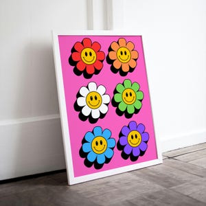 Rainbow Smiley Face Wall Art Happy Flower Printable Digital Download Cute Aesthetic Poster Decor Dorm Retro Colorful Good Vibe Positive