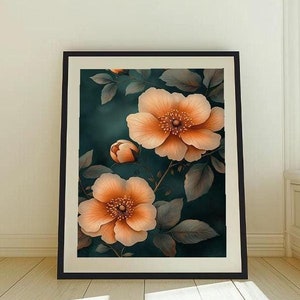 Florales Bild mit hellen Blüten auf Dunkelgrün | Botanischer Kunstdruck | Blumen Poster für Wohn- & Schlafzimmer | Bild schöne Blumen