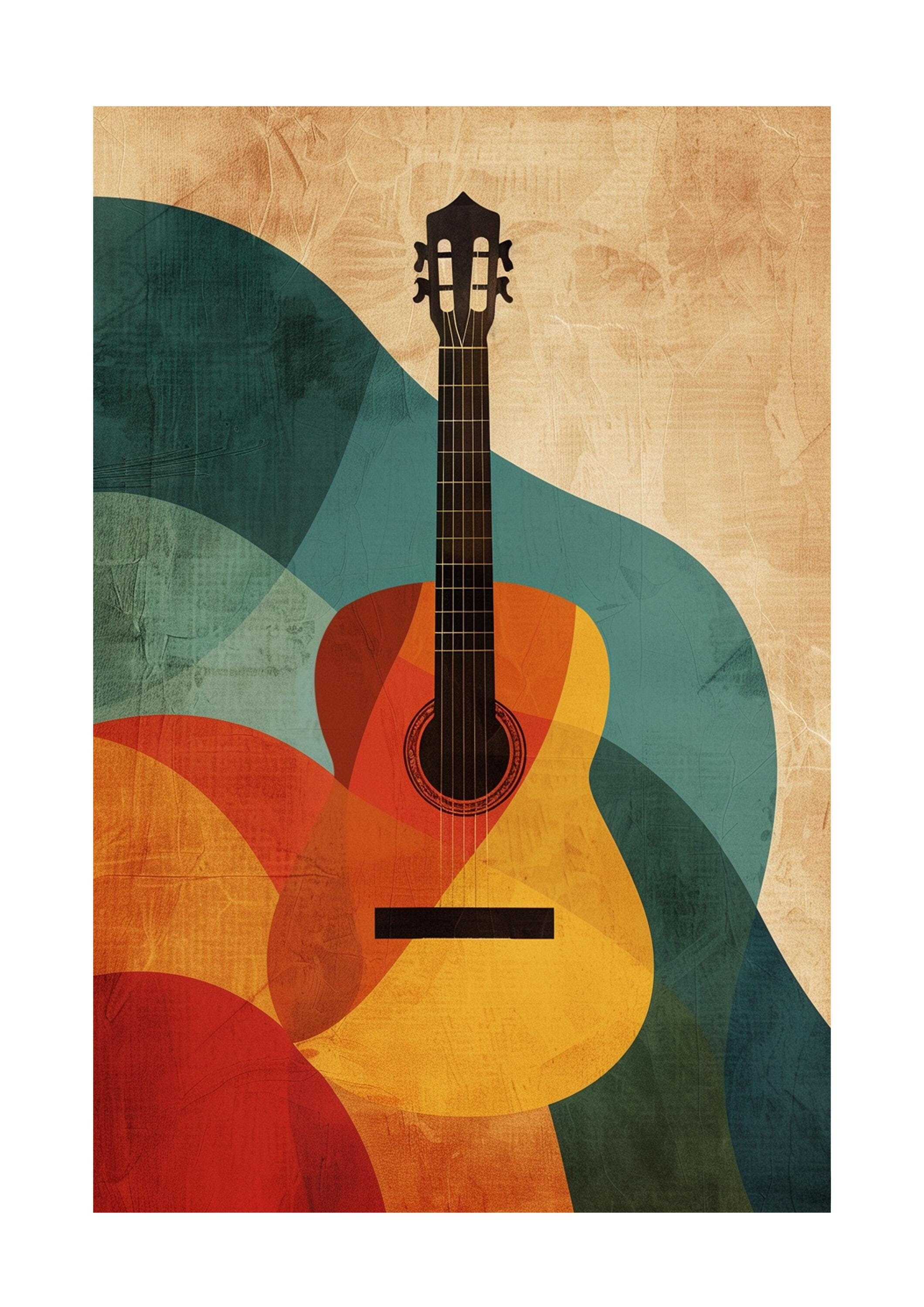 Abstraktes Gitarren-Kunstposter In Grün & Orange – A3 (29,7x42 Cm), Kunstdruck Für Wohnzimmer & Musikfans
