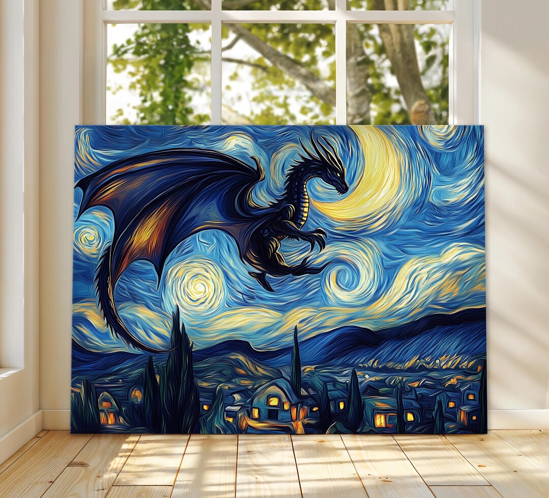 Dragon in Starry Night Canvas Fantasy Wall Art Van Gogh Inspired Dragon ...
