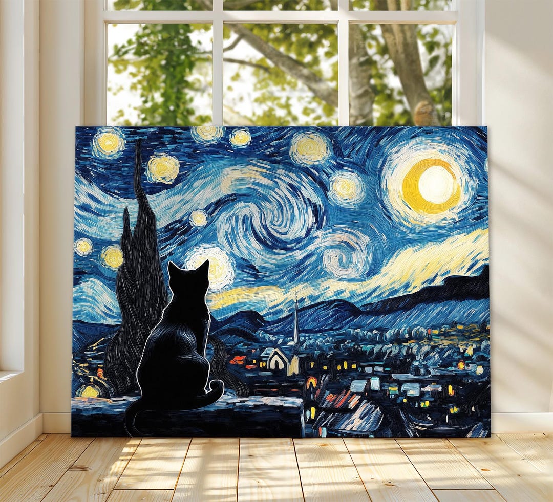 Black Cat Starry Night Canvas Van Gogh Inspired Cat Art Whimsical Night ...