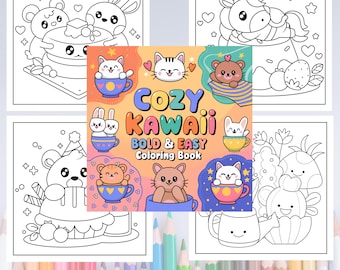 Cozy Kawaii Coloring Pages, Bold and Easy Coloring Book, Instant Download PDF, Relaxing Activity for Adults and Kids, Set of 15 Pages