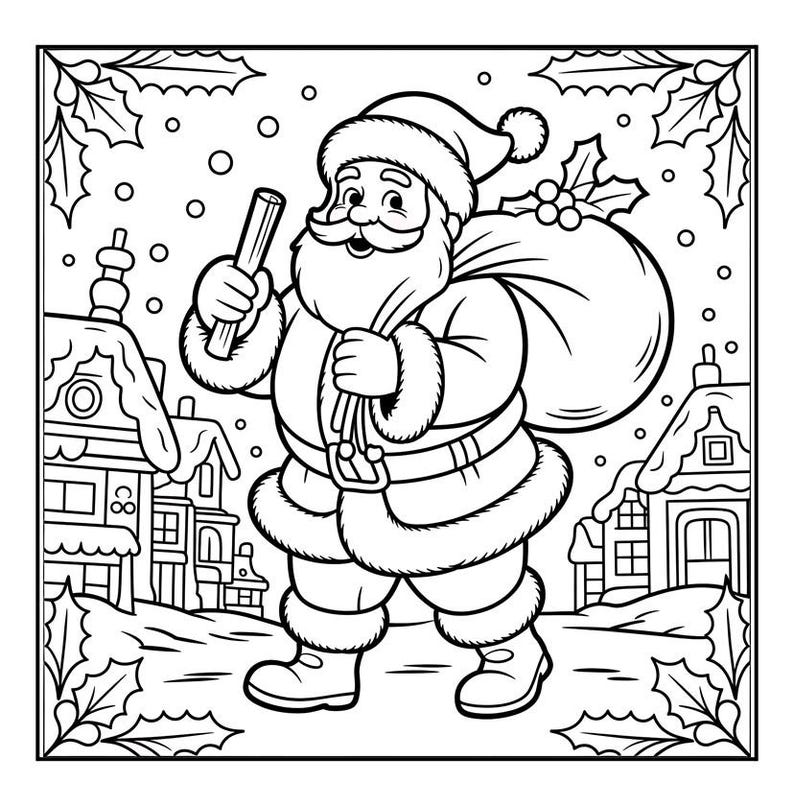 May include: Black and white line art illustration of Santa Claus carrying a sack and a scroll, with a snowy village scene in the background. The image is framed with holly leaves and berries, perfect for coloring.