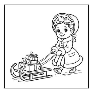 May include: Black and white line art illustration of a child pulling a sled loaded with wrapped gifts. The child wears a winter coat and hat. The sled has curved runners.