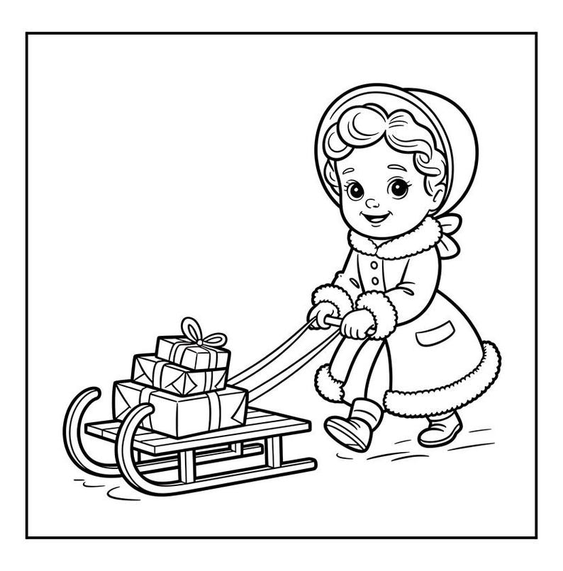May include: Black and white line art illustration of a child pulling a sled loaded with wrapped gifts. The child wears a winter coat and hat. The sled has curved runners.