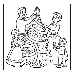 May include: Black and white illustration of a family decorating a Christmas tree. The father and mother are placing ornaments, while the children are also helping. One child holds a candy cane.