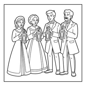 May include: Black and white illustration of four people holding lanterns. Two women in long dresses and bonnets stand next to two men in suits and bow ties. The image is a line drawing, suitable for coloring.