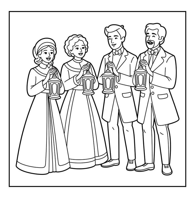 May include: Black and white illustration of four people holding lanterns. Two women in long dresses and bonnets stand next to two men in suits and bow ties. The image is a line drawing, suitable for coloring.