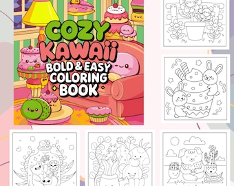 Bold and Easy Coloring Book, Cozy Kawaii Coloring Pages for Adults and Kids, Instant Download PDF, Set of 15 Pages