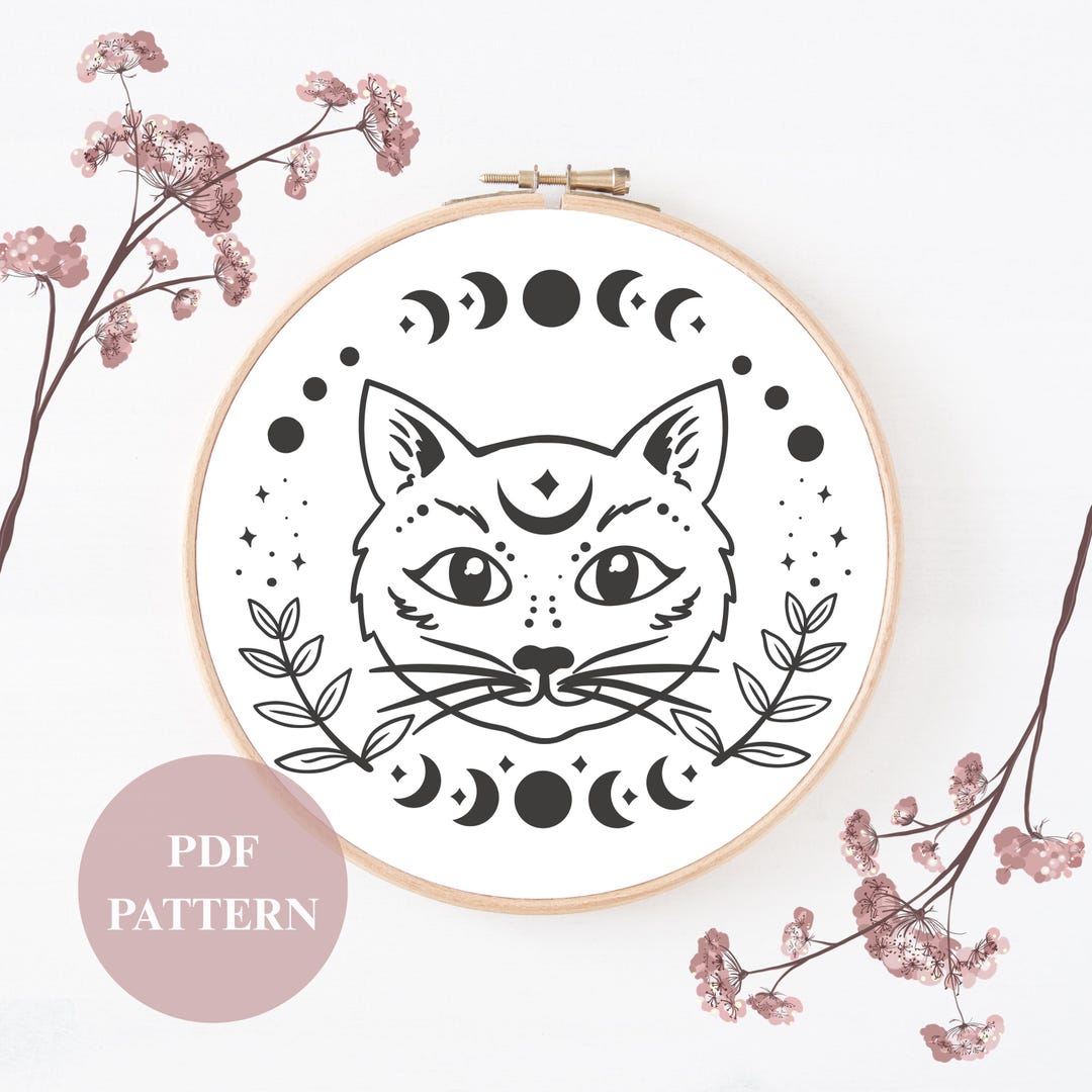 Cat Face With Moon Phases Embroidery Pattern Mystical Feline Hoop Art ...