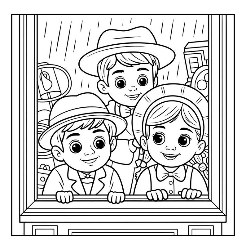 May include: Black and white illustration of three children looking out a window at the rain. The children are wearing hats and bow ties. The image is a coloring book page.