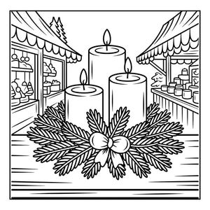 May include: Black and white line art of three lit candles surrounded by a wreath of pine needles and a bow. The background features two market stalls with various goods, suggesting a holiday or seasonal theme.