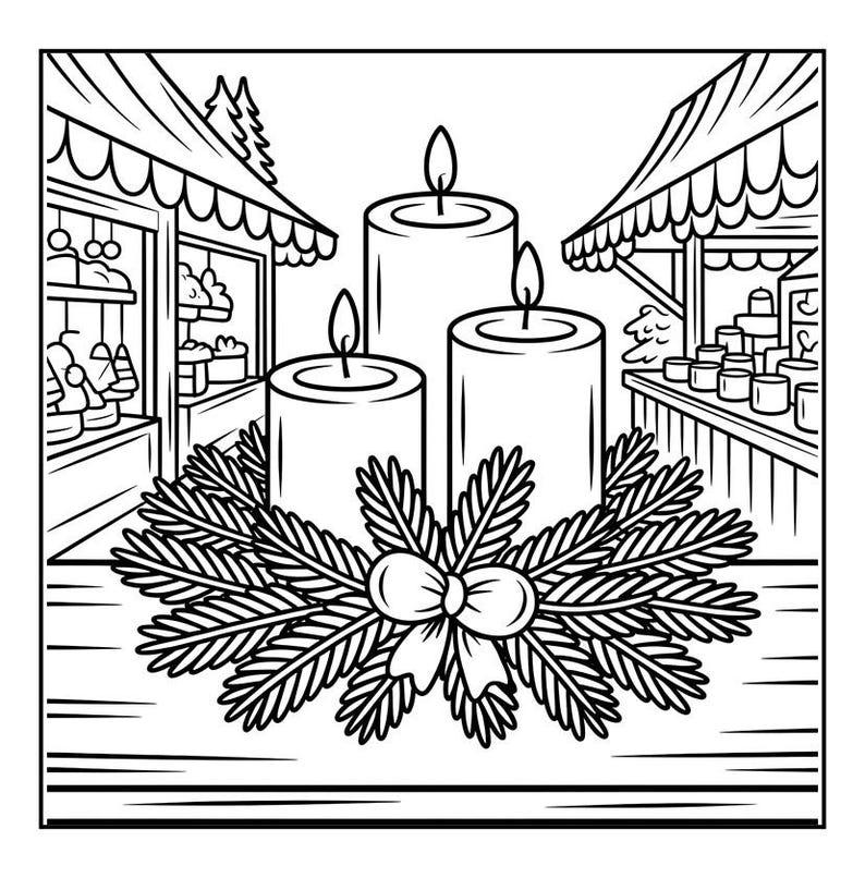 May include: Black and white line art of three lit candles surrounded by a wreath of pine needles and a bow. The background features two market stalls with various goods, suggesting a holiday or seasonal theme.