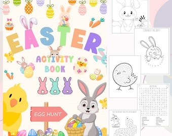 Libro de actividades de Pascua para niños: diversión imprimible con dibujos para colorear, rompecabezas y juegos. Descarga instantánea para niños pequeños. Más de 80 páginas.