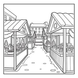May include: Black and white line drawing of a Christmas market scene. Several stalls are lined up along a path, each with a sloped roof. The stalls display various items, including food and decorations. Buildings are visible in the background.