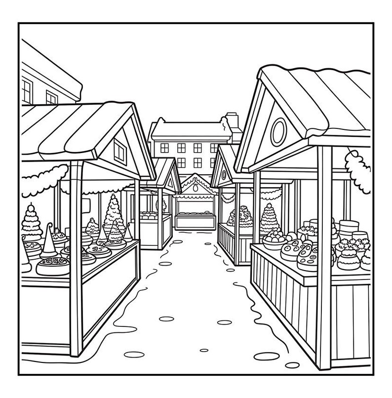 May include: Black and white line drawing of a Christmas market scene. Several stalls are lined up along a path, each with a sloped roof. The stalls display various items, including food and decorations. Buildings are visible in the background.
