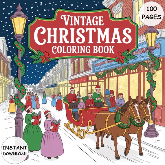 Retro Christmas Coloring Book | 100+ Pages Vintage Holiday Scenes | Bold & Easy Christmas Coloring PDF for Kids Adults Instant Download