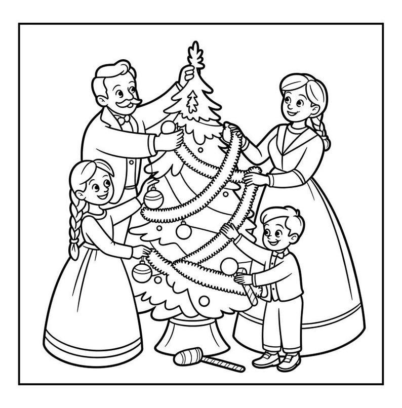 May include: Black and white illustration of a family decorating a Christmas tree. The family consists of a father, mother, a daughter, and a son. The tree is adorned with ornaments and garland. A hammer is at the base of the tree.