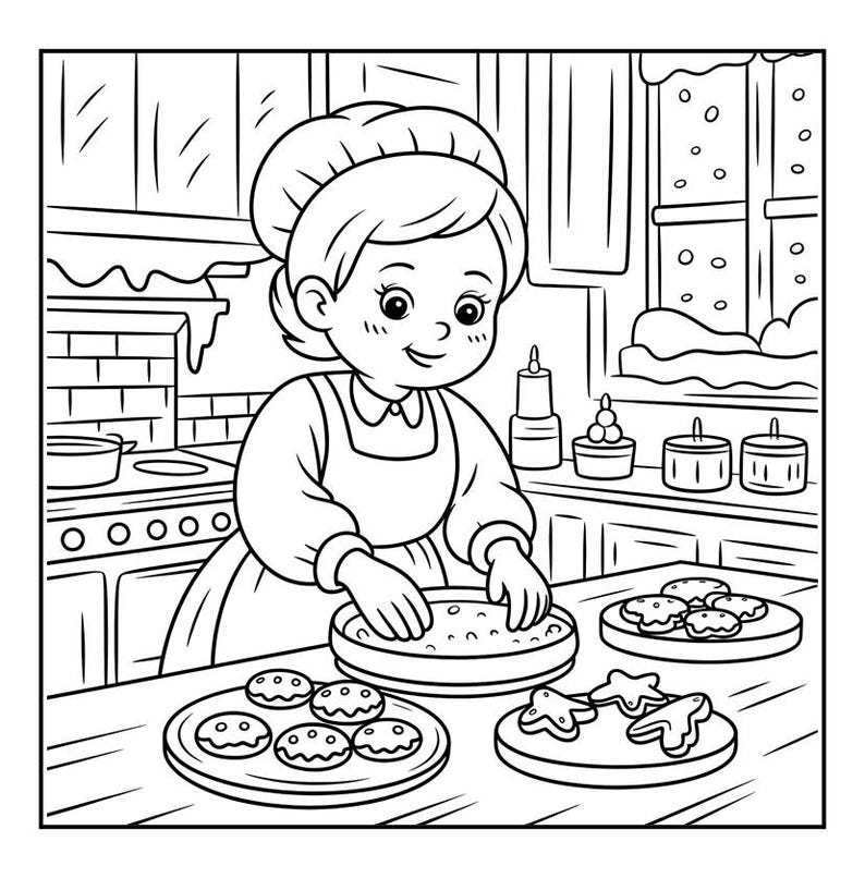 May include: Black and white illustration of a person in a chef's hat and apron, baking cookies in a kitchen. Several plates of cookies are on the counter, with a window in the background.