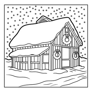 May include: Black and white line drawing of a snow-covered barn with three wreaths on the front. Snowflakes fall from the sky. The barn has a sloped roof and a small porch.
