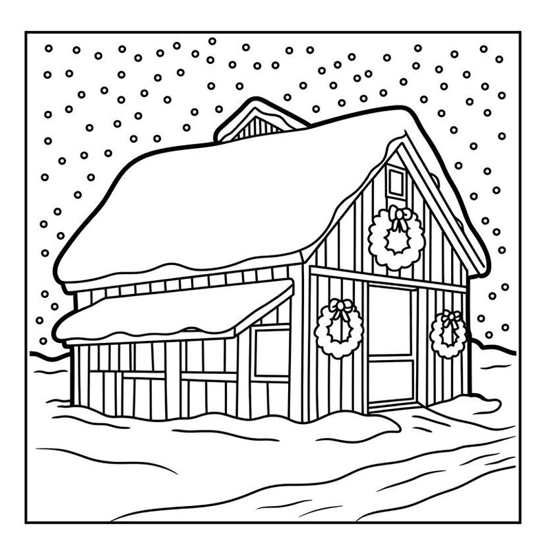 May include: Black and white line drawing of a snow-covered barn with three wreaths on the front. Snowflakes fall from the sky. The barn has a sloped roof and a small porch.