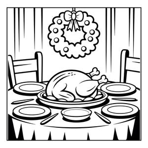 May include: Black and white illustration of a Thanksgiving dinner table setting. A roasted turkey sits on a platter in the center, surrounded by plates, silverware, and a small bowl. A decorative wreath hangs above the table.