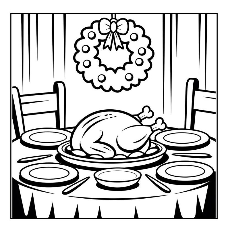 May include: Black and white illustration of a Thanksgiving dinner table setting. A roasted turkey sits on a platter in the center, surrounded by plates, silverware, and a small bowl. A decorative wreath hangs above the table.